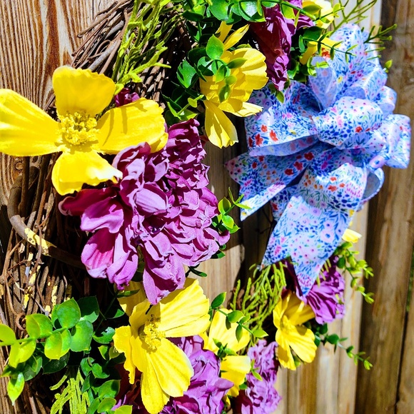 HAND CRAFTED SPRING FLORAL GRAPEVINE WREATH 20" FRONT DOOR DECOR SILK RIBBON 20" - Picture 10 of 12